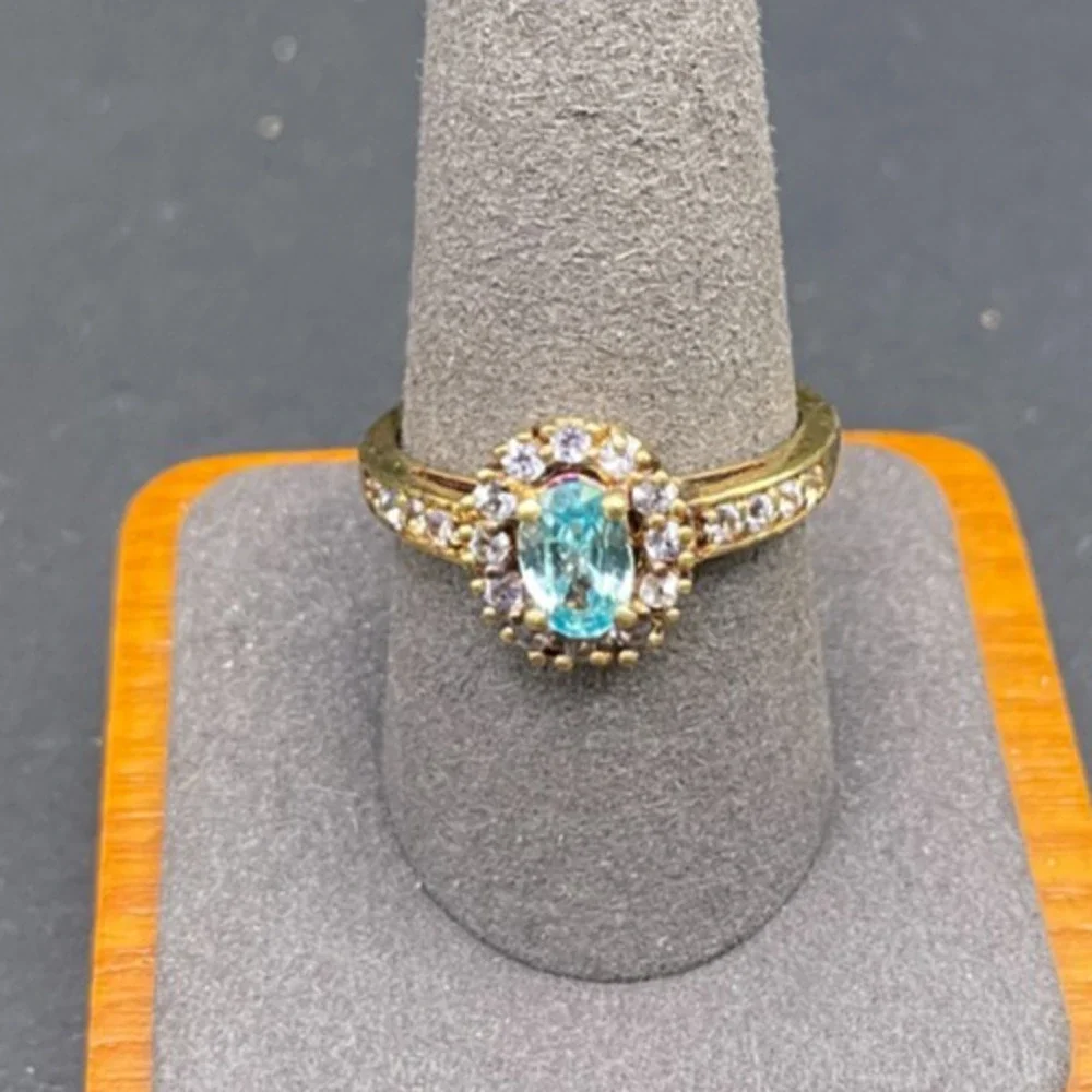 925 Sterling Silver Gold Tone Oval Light Blue Topaz Halo Ring Accent CZ Sz 10